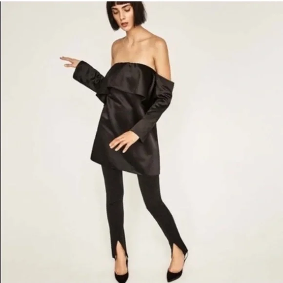 Zara Satin Black Women’s Off the Shoulder Mini Dress Size Medium - Picture 3 of 4